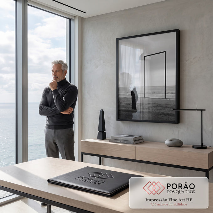 Senhor de casaco escuro olha o mar ao lado de moldura vazia na praia em preto e branco, quadro decorativo