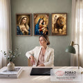 Quadro Decorativo Kit 3 Telas Nossa Senhora Jesus para Sala | quadros decorativos | Nossa Senhora com Menino Jesus, anjos e Jesus junto a um leão coroado | em ambiente 2 | Porao dos Quadros