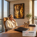 Quadro Decorativo Grande Leão e Jesus Dourado para Sala | quadros decorativos | homem de manto claro olhando para um leão dourado gigante em nuvens de fogo | em ambiente 2 | Porao dos Quadros