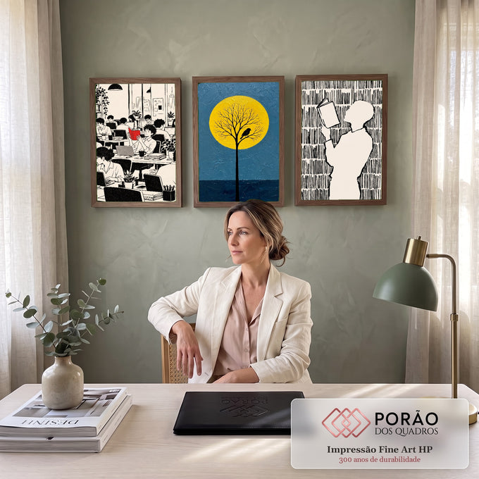 Quadro Decorativo Kit 3 Telas Leitura Escritório para Sala | quadros decorativos | cena tríptica com escritório, árvore sob lua amarela e silhuetas lendo em preto e branco | em ambiente 2 | Porao dos Quadros
