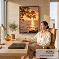 Quadro Decorativo Folhas de Bordo ao Pôr do Sol no Mar | quadros decorativos | galho de folhas de bordo emoldurando pôr do sol dourado sobre o mar | em Quadros para Quarto | Porao dos Quadros