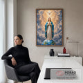 Quadro Decorativo Grande Nossa Senhora Nuvens para Sala | quadros decorativos | Nossa Senhora de manto azul orando sobre o globo terrestre com pomba de luz acima | em ambiente 2 | Porao dos Quadros