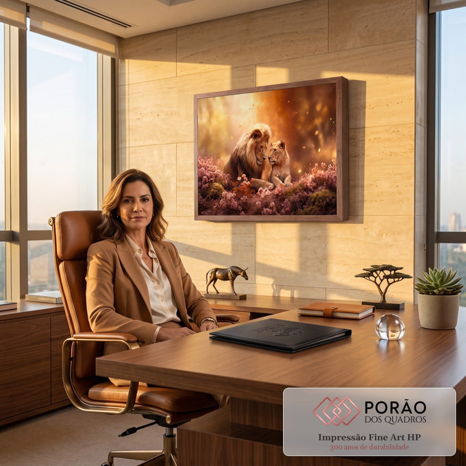 Quadro Decorativo Grande Casal de Leões para Sala Laranja | quadros decorativos | leão e leoa se encarando entre flores rosa e luzes douradas flutuantes | em ambiente 2 | Porao dos Quadros