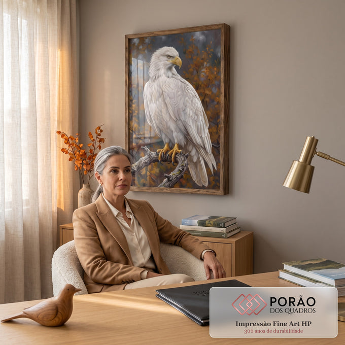 Águia branca pousada em galho seco entre folhas de outono laranja, pintura a óleo, quadro decorativo