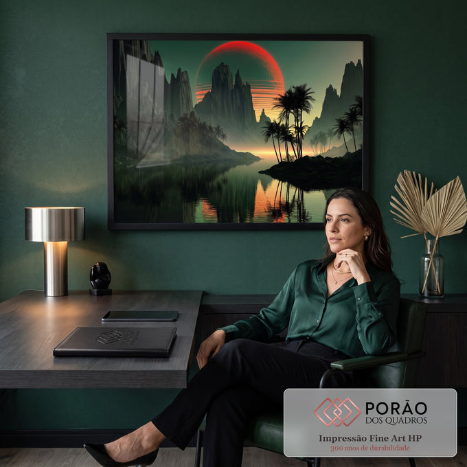 Quadro Decorativo Grande Sol Vermelho para Sala Verde | quadros decorativos | sol vermelho listrado atrás de montanhas escuras com palmeiras e lago refletido em tons verdes | em ambiente 2 | Porao dos Quadros