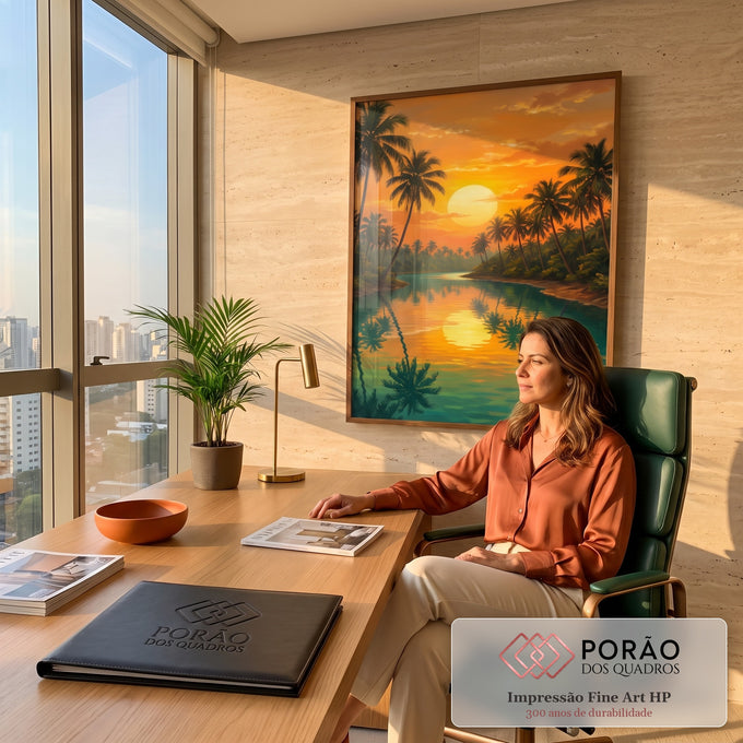 Quadro Decorativo Grande Pôr do Palmeiras para Sala Laranja | quadros decorativos | pôr do sol laranja refletido em rio entre palmeiras tropicais | em ambiente 2 | Porao dos Quadros