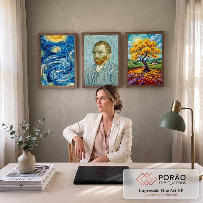 Quadro Decorativo Kit 3 Telas Tributo a Van Gogh para Sala | quadros decorativos | três painéis com noite estrelada, autorretrato e árvore dourada ao estilo Van Gogh | em ambiente 2 | Porao dos Quadros