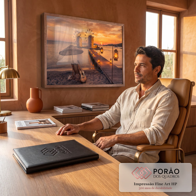 Quadro Decorativo Grande Pôr do Sol Violão para Sala Laranja | quadros decorativos | pôr do sol dourado com moinhos de vento, píer iluminado e violão na praia | em ambiente 2 | Porao dos Quadros