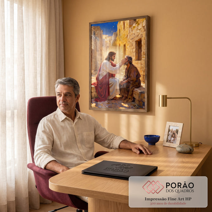 Quadro Decorativo Grande Jesus Curando Dourado para Sala | quadros decorativos | Jesus toca o rosto de um homem idoso em rua de pedra dourada ao entardecer | em ambiente 2 | Porao dos Quadros