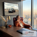 Porsche 911 Targa preto com rodas bronze em terraço urbano e skyline sob céu nublado, quadro decorativo