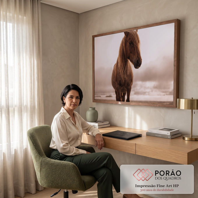 Cavalo castanho de crina loira longa em praia com névoa bege ao amanhecer, quadro decorativo