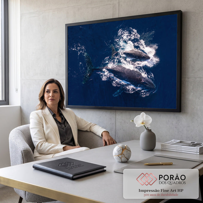 Quadro Decorativo Grande Baleias Jubarte para Sala Azul | quadros decorativos | duas baleias jubarte emergindo do oceano azul com respingos de espuma branca vistas de cima | em ambiente 2 | Porao dos Quadros