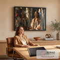 Quadro Decorativo Casal Indígena entre Bétulas em Tons | quadros decorativos | casal indígena em pintura realista com penas e floresta de bétulas ao fundo | em Quadros para Escritorio | Porao dos Quadros