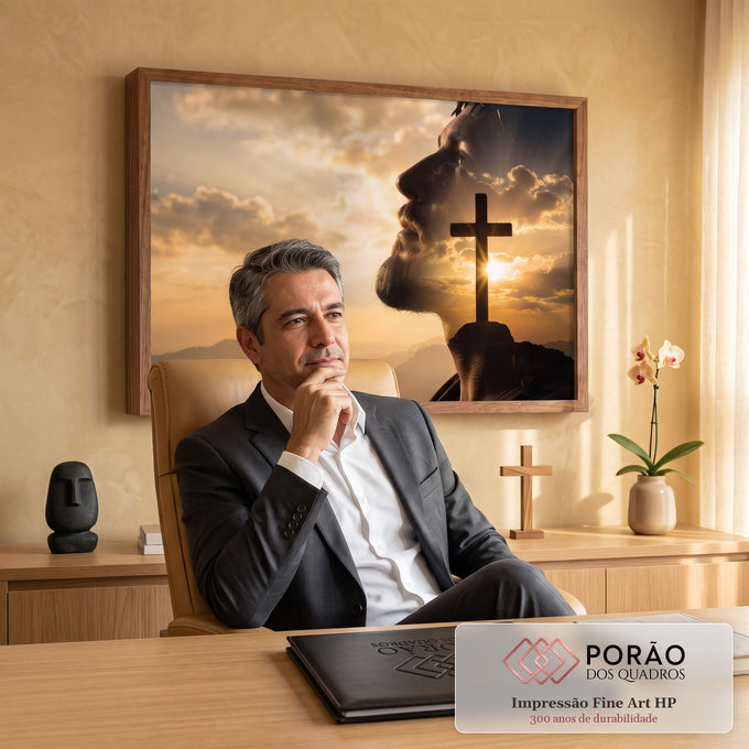 Quadro Decorativo Grande Jesus Coroa para Sala Dourado | quadros decorativos | perfil de Jesus com coroa de espinhos mesclado a céu dourado e cruz ao pôr do sol | em ambiente 2 | Porao dos Quadros