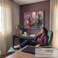 Quadro Decorativo Folhas Abstratas em Roxo Vermelho e Verde | quadros decorativos | folhas abstratas em roxo, vermelho e verde com textura de tinta grossa sobre fundo colorido | em Quadros para Escritorio | Porao dos Quadros