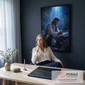 Quadro Decorativo Grande Jesus em Oração Azul para Sala | quadros decorativos | homem ajoelhado em oração sob feixe de luz azul entre oliveiras à noite | em ambiente 2 | Porao dos Quadros