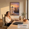 Quadro Decorativo Grande Jesus Chamando para Sala Laranja | quadros decorativos | Jesus de costas conversando com três pescadores num barco ao pôr do sol | em ambiente 2 | Porao dos Quadros