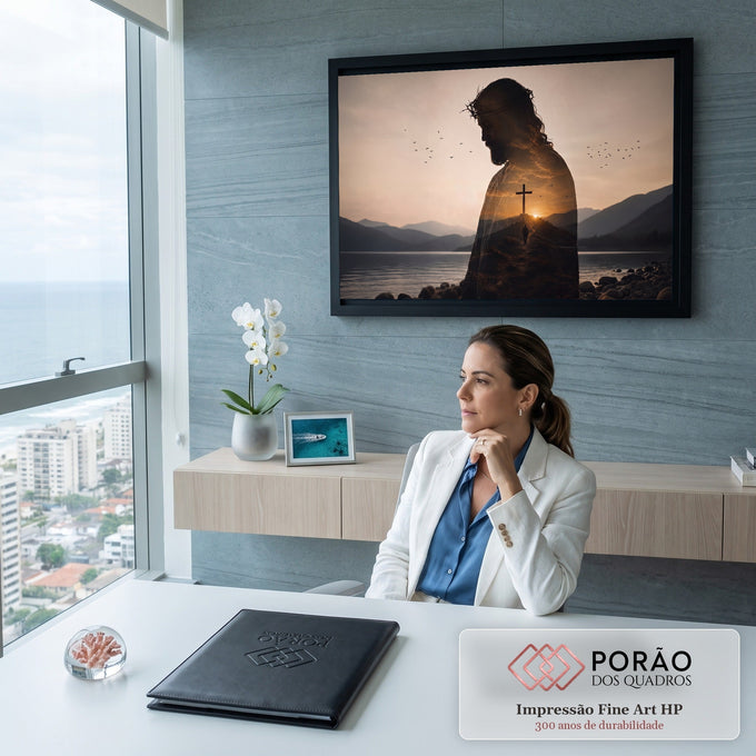 Silhueta de Jesus com coroa de espinhos e cruz no monte ao pôr do sol sobre lago, quadro decorativo