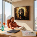 Quadro Decorativo Grande Jesus Paixão de Cristo para Sala | quadros decorativos | retrato de Jesus Cristo com coroa de espinhos e lágrimas de sangue em fundo dourado | em ambiente 2 | Porao dos Quadros