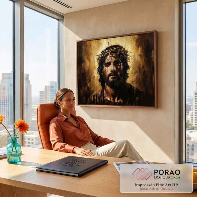 Quadro Decorativo Grande Jesus Paixão de Cristo para Sala | quadros decorativos | retrato de Jesus Cristo com coroa de espinhos e lágrimas de sangue em fundo dourado | em ambiente 2 | Porao dos Quadros