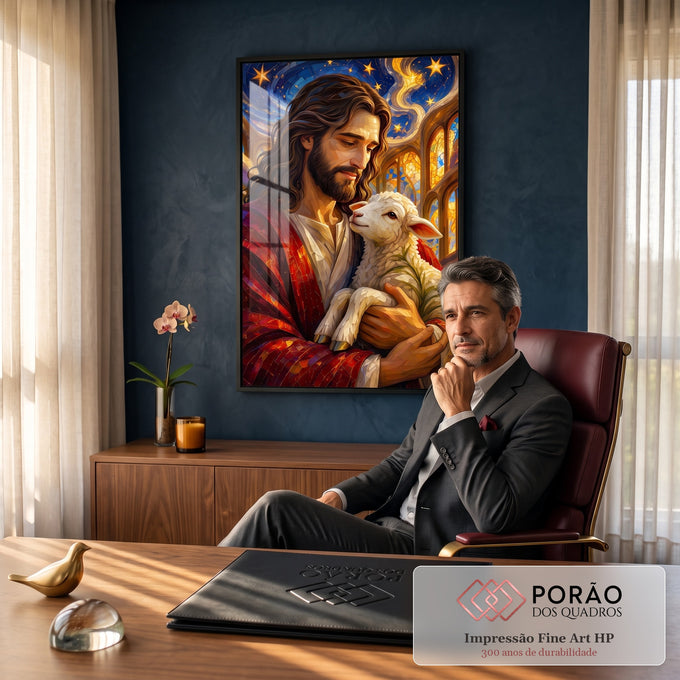 Quadro Decorativo Grande Jesus Pastor para Sala Vermelho | quadros decorativos | Jesus de manto vermelho segurando um cordeiro branco, estilo mosaico com céu estrelado | em ambiente 2 | Porao dos Quadros