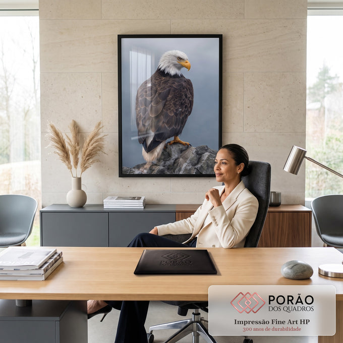 Águia-de-cabeça-branca de costas pousada em rocha, olhando de lado, fundo cinza azulado, quadro decorativo