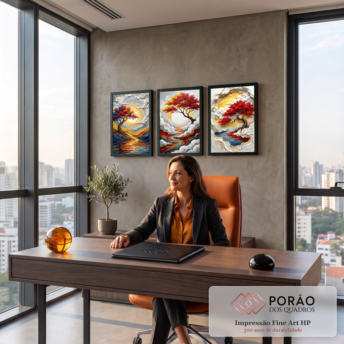 Quadro Decorativo Grande Árvore Vermelha para Sala Dourado | quadros decorativos | árvore de folhas vermelhas sobre sol dourado com nuvens em relevo e rio colorido | em ambiente 2 | Porao dos Quadros