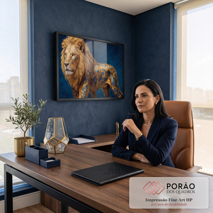 Leão majestoso com armadura dourada ornamentada e pedras azuis sobre fundo azul profundo, quadro decorativo