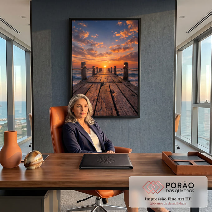Quadro Decorativo Grande Píer de Madeira Laranja para Sala | quadros decorativos | píer de madeira estendendo-se ao mar sob pôr do sol laranja intenso com nuvens dramáticas | em ambiente 2 | Porao dos Quadros