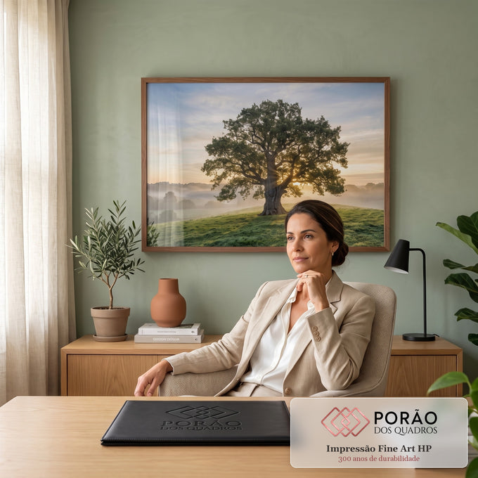 Quadro Decorativo Grande Árvore Solitária para Sala Verde | quadros decorativos | árvore solitária com sol nascendo entre os galhos sobre colina com névoa | em ambiente 2 | Porao dos Quadros