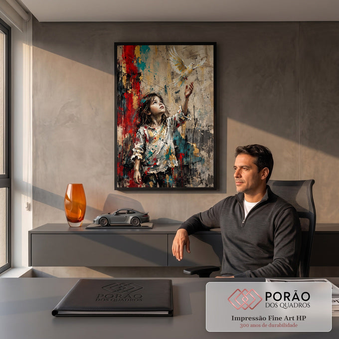 Quadro Decorativo Grande Menina Alcançando para Sala | quadros decorativos | menina de camisa manchada de tinta estendendo a mão para uma pomba branca voando | em ambiente 2 | Porao dos Quadros