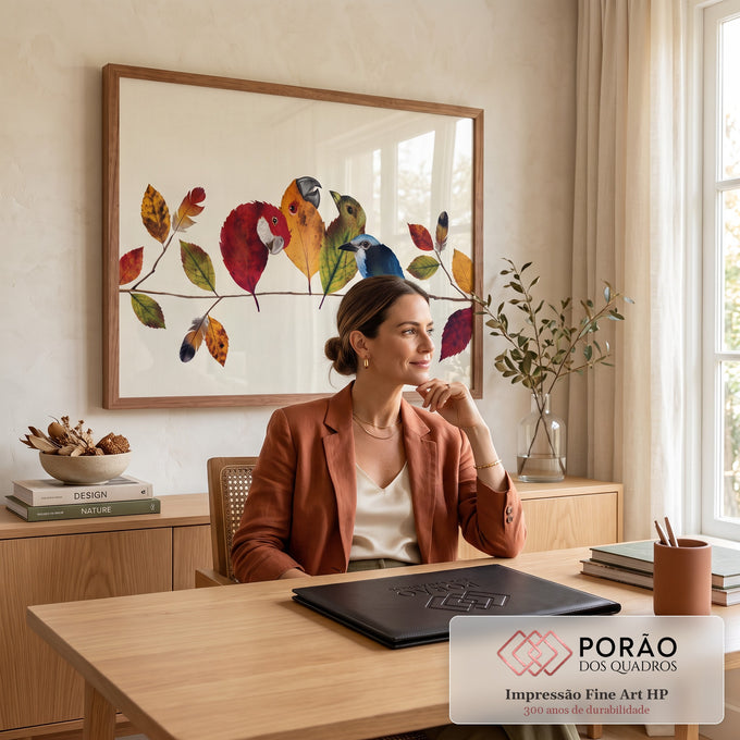 Pássaros feitos de folhas de outono vermelhas, laranjas, verdes e azuis num galho, quadro decorativo