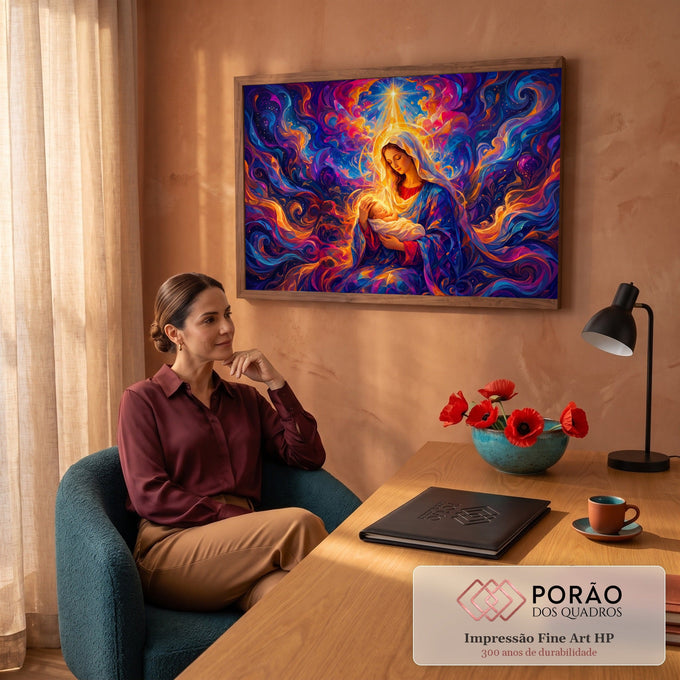 Quadro Decorativo Grande Nossa Senhora Roxo para Sala Azul | quadros decorativos | Nossa Senhora com o Menino Jesus sob estrela brilhante em fundo colorido abstrato | em ambiente 2 | Porao dos Quadros