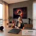 Quadro Decorativo Grande Eclipse Solar para Sala Laranja | quadros decorativos | eclipse solar com nuvens de fogo e árvore solitária refletida no lago | em ambiente 2 | Porao dos Quadros