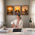 Quadro Decorativo Kit 3 Telas Surfistas e Cães para Sala | quadros decorativos | surfistas, cães pastor alemão e surfe ao pôr do sol em tons dourados | em ambiente 2 | Porao dos Quadros