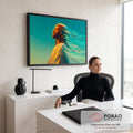Quadro Decorativo Grande Homem Sagrado para Sala Azul | quadros decorativos | homem sagrado de perfil com cabelo transformado em ondas de luz dourada e azul | em ambiente 2 | Porao dos Quadros
