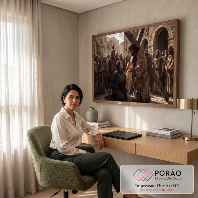 Jesus com coroa de espinhos e a cruz recebe o véu de Verônica entre romanos, quadro decorativo