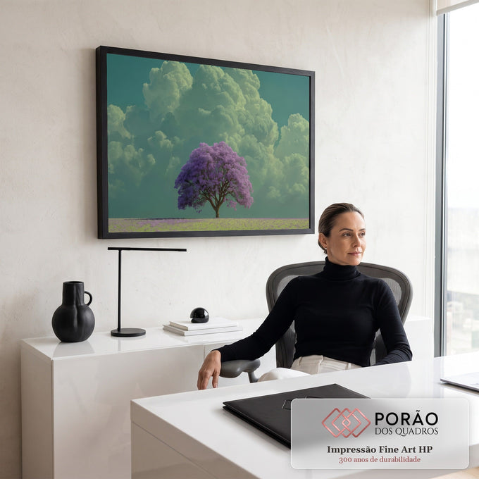 Quadro Decorativo Grande Árvore Roxa para Sala Roxo | quadros decorativos | árvore com flores roxas isolada em campo sob nuvens volumosas e céu esverdeado | em ambiente 2 | Porao dos Quadros