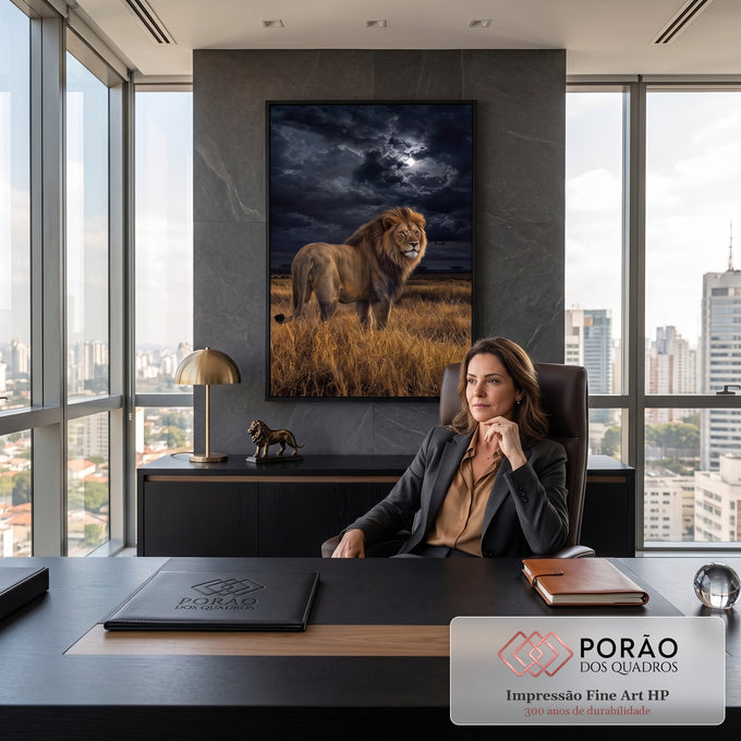 Leão de juba dourada em pé na savana sob nuvens escuras e lua cheia, quadro decorativo