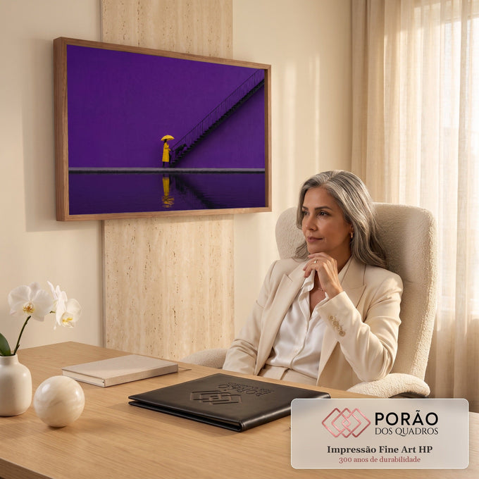 Quadro Decorativo Grande Mulher de Amarelo para Sala Roxo | quadros decorativos | mulher de capa e guarda-chuva amarelos com cão preto ao lado de escada sobre fundo roxo | em ambiente 2 | Porao dos Quadros
