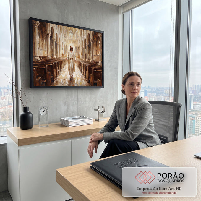 Quadro Decorativo Grande Jesus Catedral Dourada para Sala | quadros decorativos | Jesus de túnica branca caminhando em corredor de catedral com luz dourada e vitrais | em ambiente 2 | Porao dos Quadros
