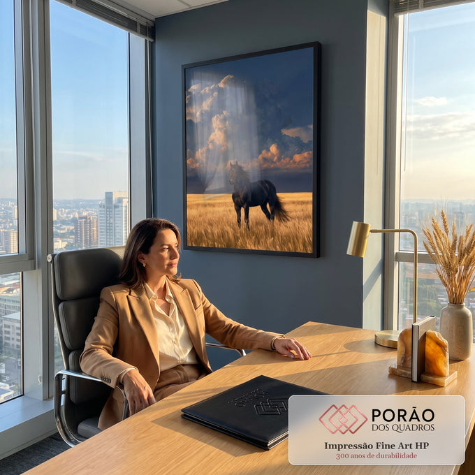 Cavalo preto em campo de trigo dourado sob nuvens de tempestade ao entardecer, quadro decorativo