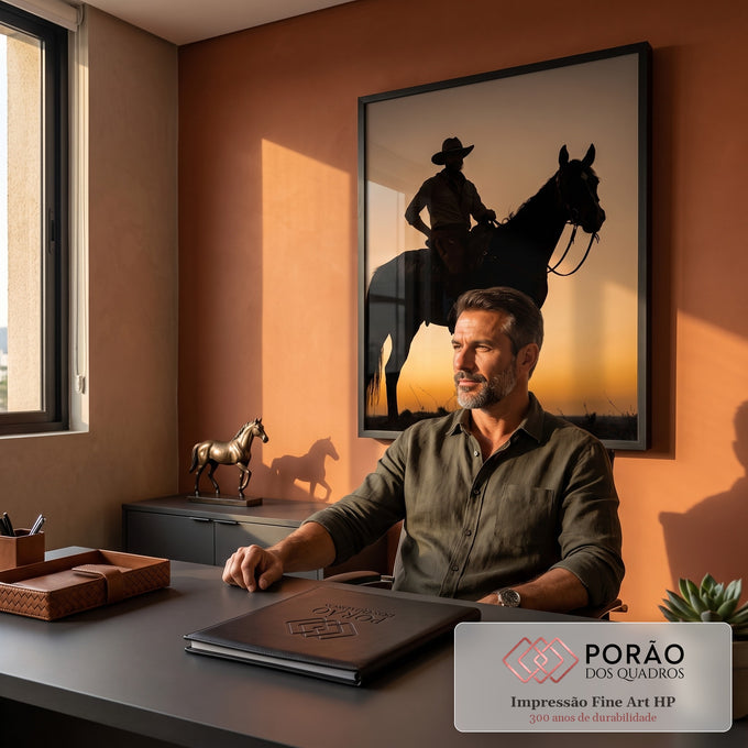 Silhueta de peão de chapéu montado a cavalo contra céu laranja de pôr do sol, quadro decorativo