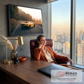 Lamborghini amarela em estrada de montanha com pinheiros e névoa dourada ao pôr do sol, quadro decorativo