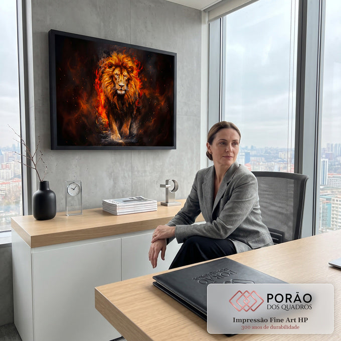 Quadro Decorativo Grande Leão em Chamas Laranja para Sala | quadros decorativos | leão caminhando com juba em chamas douradas e vermelhas sobre fundo escuro | em ambiente 2 | Porao dos Quadros