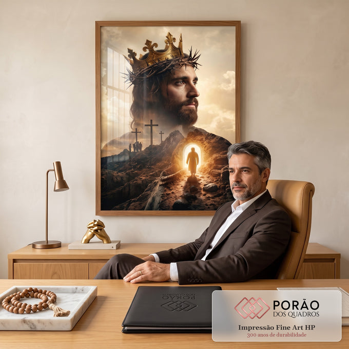 Quadro Decorativo Grande Jesus Rei para Sala Dourado | quadros decorativos | rosto de Jesus com coroa de espinhos e coroa dourada sobre cena de cruzes e túmulo iluminado | em ambiente 2 | Porao dos Quadros