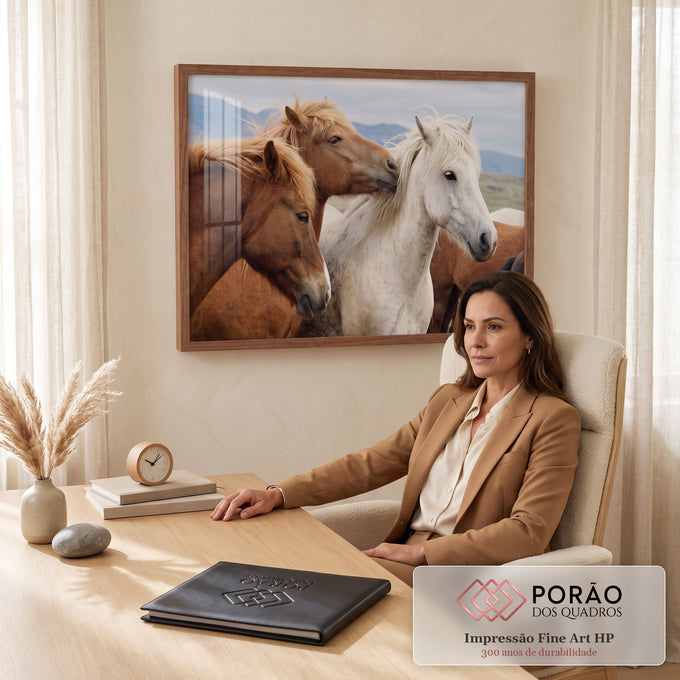 Cavalos alazões e cavalo branco com crinas ao vento e montanhas ao fundo, quadro decorativo