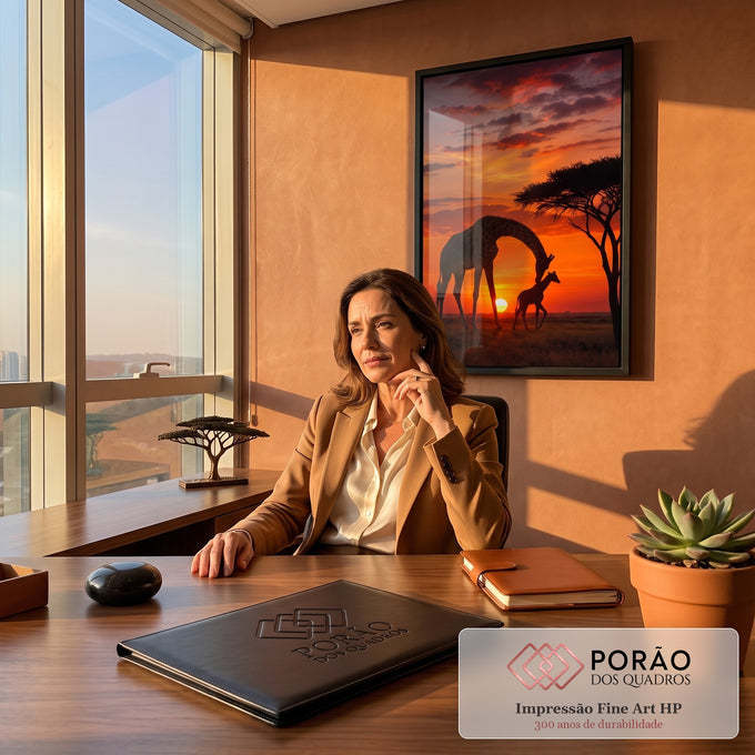 Girafa e filhote em silhueta sob pôr do sol laranja na savana com acácia, quadro decorativo