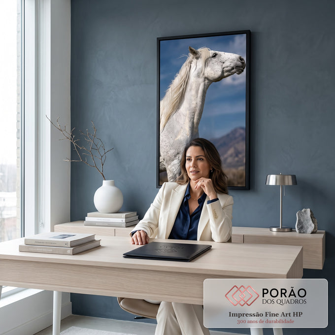 Cavalo tordilho branco de perfil com crina ao vento, céu azul e montanhas ao fundo, quadro decorativo