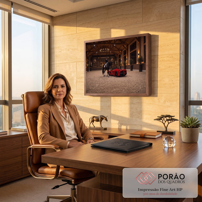 Carro esportivo vermelho ao lado de amazona em cavalo preto em picadeiro de madeira, quadro decorativo